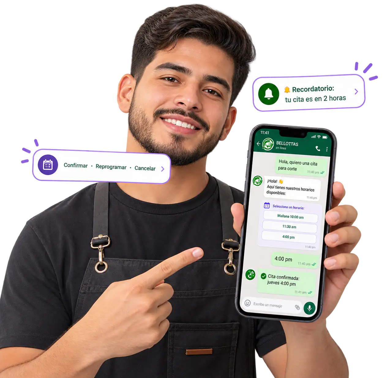 Cliente confirmando su cita de barbería por WhatsApp con Bellottas
