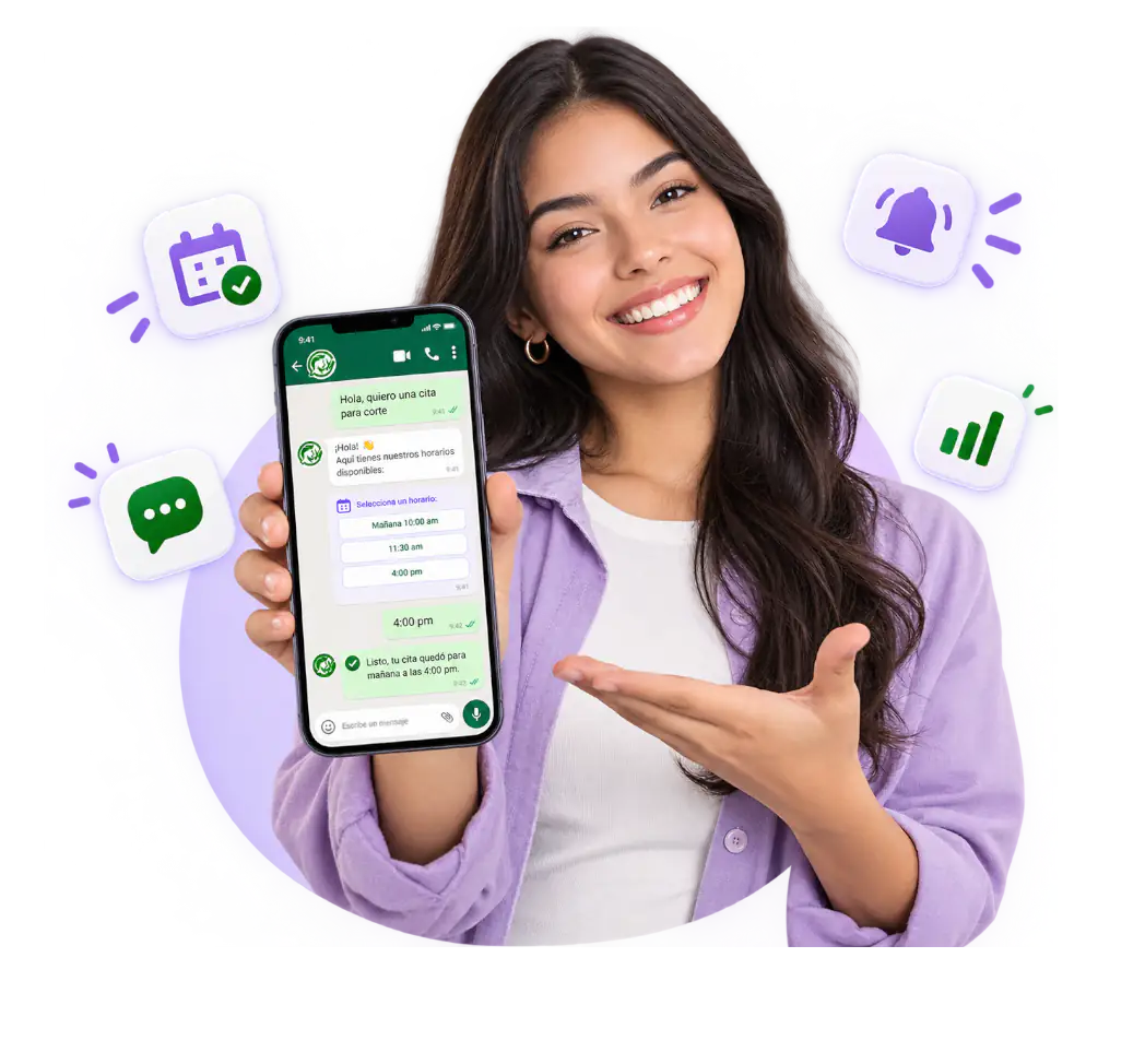 Mujer mostrando en su teléfono una reserva de cita por WhatsApp con Bellottas